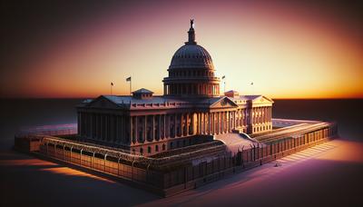 Kapitolgebäude bei Sonnenuntergang mit Stacheldrahtbarrieren.