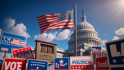 Prédio do Capitólio com bandeira americana e cartazes de campanha.