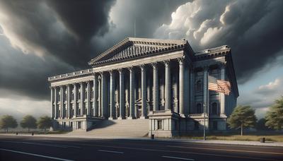 Bâtiment du Capitole avec des nuages sombres et un drapeau qui s'estompe.