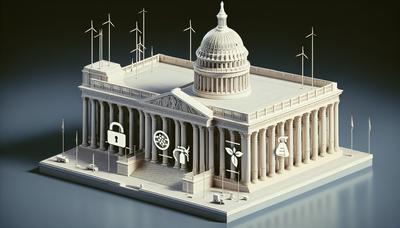 Edificio del Capitolio con íconos de privacidad, pesticidas y energía.