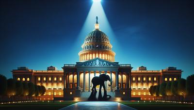 Edificio del Capitolio con símbolo del elefante republicano y reflector.