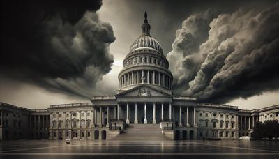 Edificio del Capitolio con cielos tormentosos y nubes oscuras.