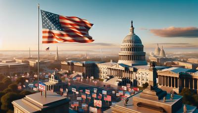 Colina do Capitólio com bandeira americana e placas eleitorais

