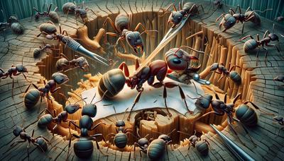 Formigas carpinteiras realizando cirurgia em um companheiro de ninho ferido.