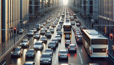 Auto's domineren het verkeer met een verre lijnbus.