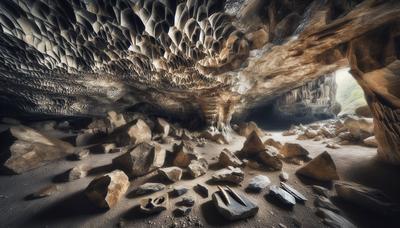 Grotinterieur met oude gereedschappen en sedimentlagen.