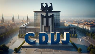 CDU-Logo und Verfassungsschutz-Gebäude im Hintergrund.