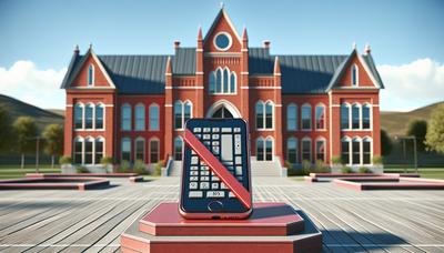 Mobiele telefoons doorgekruist naast een schoolgebouw