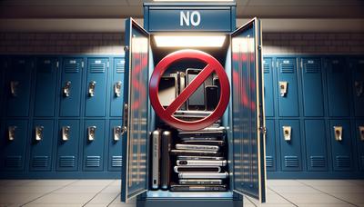 Téléphones portables dans un casier d'école avec signe d'interdiction.