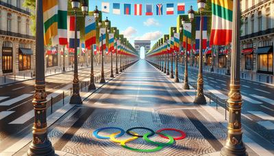 Champs-Élysées décorés avec des drapeaux et des symboles olympiques.