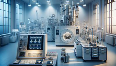 Equipamento de laboratório de análise química ilustrando a ressonância magnética nuclear.