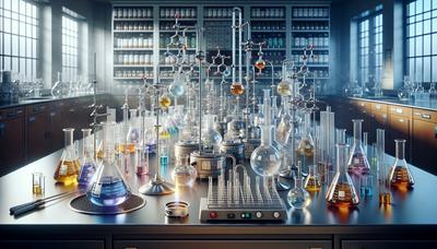 Laboratoire de chimie avec des cétones aromatiques et installation de réaction.