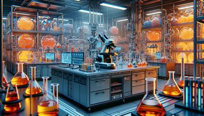 Laboratório de pesquisa química com documentos visuais sobre o Agente Laranja.