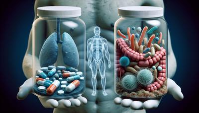 Medicamentos de quimioterapia junto a la representación de bacterias intestinales.