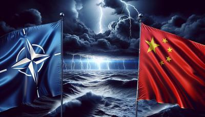 Bandiere della Cina e della NATO con sfondo teso.