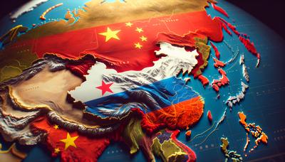 Banderas de China y Rusia con mapa de Asia Central.