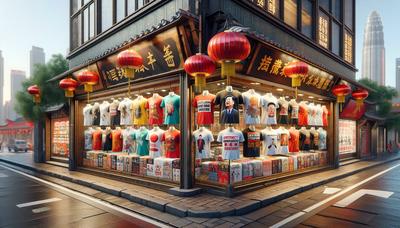 Vitrine de loja na China exibindo camisetas temáticas de Trump em meio à controvérsia sobre censura.