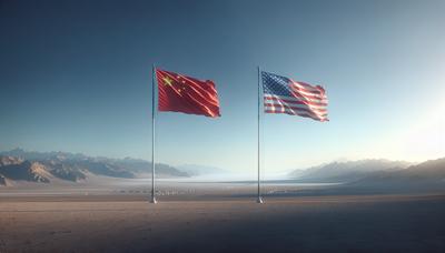 Chinesische Flagge und amerikanische Flagge mit entfernter Horizont.