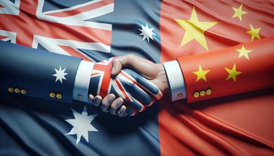 Chinese vlag en Australische vlag verstrengeld met handdruk