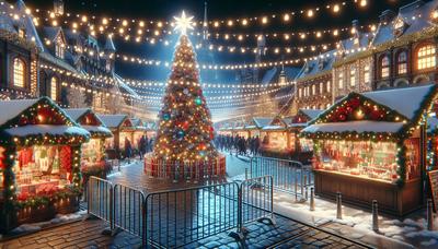 Weihnachtsmarkt bei Nacht mit sichtbaren Sicherheitsbarrieren.