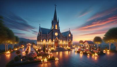 Chiesa al crepuscolo con candele e fiori fuori