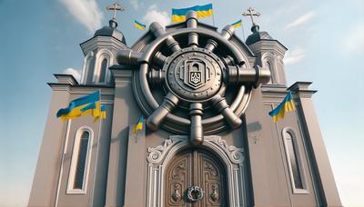 Bâtiment d'église avec des drapeaux ukrainiens et des symboles de cadenas.