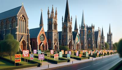 Bâtiments d'église avec des pancartes de protestation sur la taxe foncière.