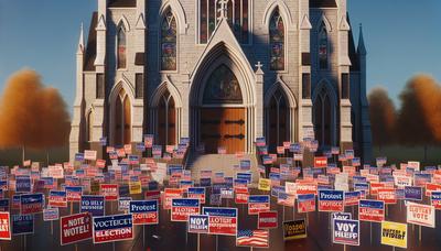 Exterior de la iglesia con carteles electorales y manifestantes afuera.