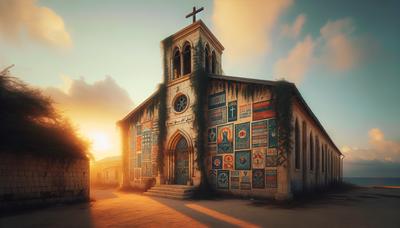 Extérieur de l'église avec des messages de soutien pour la communauté.