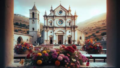 Chiesa a Lentini con atmosfera solenne e fiori.