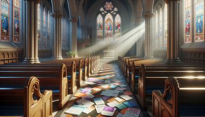 Intérieur d'église avec des brochures sur le débat sur l'avortement sur les bancs.