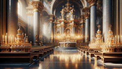 Interno di chiesa con gioielli d'oro ed ex voto.