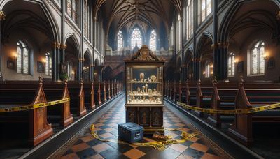 Interno della chiesa con gioielli mancanti e nastro della polizia.