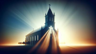 Kirchensilhouette mit Kreuz und leuchtendem Sonnenaufgang im Hintergrund.