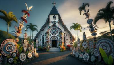 Église entourée de décorations traditionnelles de Papouasie-Nouvelle-Guinée