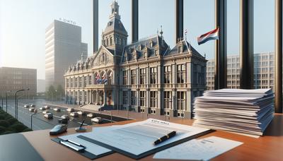 Stadhuis met documenten en Nederlandse vlag zichtbaar