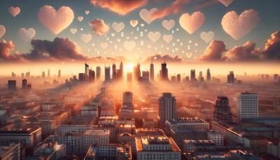 Skyline della città con nuvole a forma di cuore e segni del dollaro.