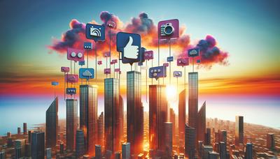 Skyline della città con icone dei social media e fumetti.