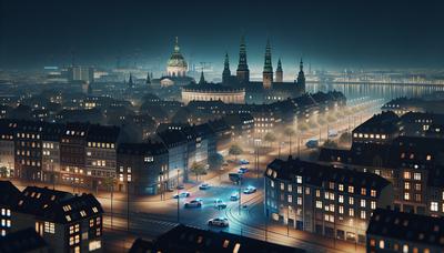 Paisaje urbano de Copenhague con presencia policial por la noche.