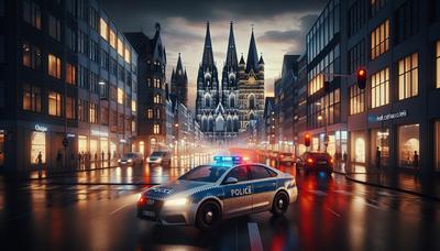 Stadtbild von Köln mit blinkenden Lichtern eines Polizeiautos.