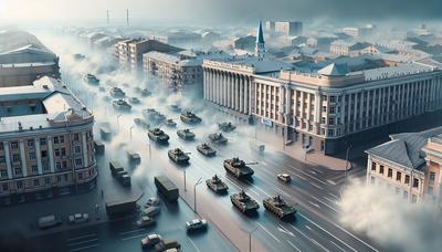 Paisaje urbano de Kursk con vehículos militares y humo.