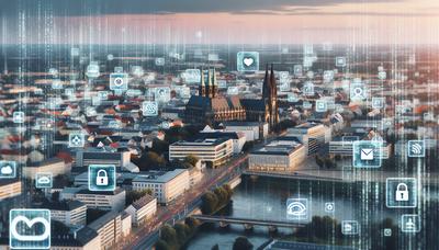 Stadtbild von Magdeburg mit verschwommenen digitalen Fehlinformationen-Symbolen.