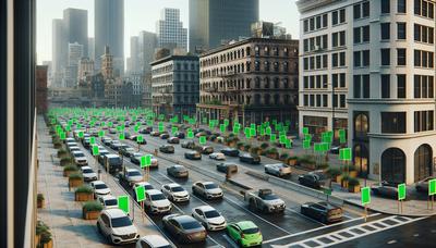 Stadtlandschaft mit Autos und grünen Protestschildern