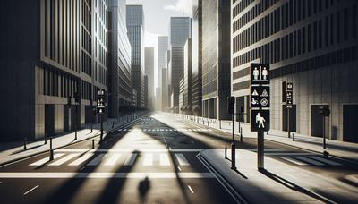 Paesaggio urbano con segnali di avvertimento sulla salute e strade vuote.