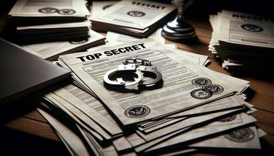 Geclassificeerde documenten met 'Top Secret'-stempels en handboeien