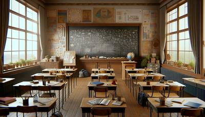 Klassenzimmer mit Lehrmaterialien und einer Tafel.