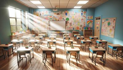 Salle de classe avec des dessins de jeunes enfants et des bureaux vides.