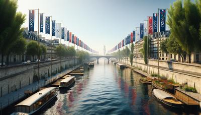 Seine claire avec des bannières des Jeux Olympiques de Paris 2024.