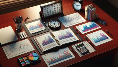 Reloj, calendario y gráficos económicos en el escritorio.