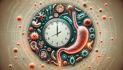 Reloj con iconos de estómago y bacterias a su alrededor